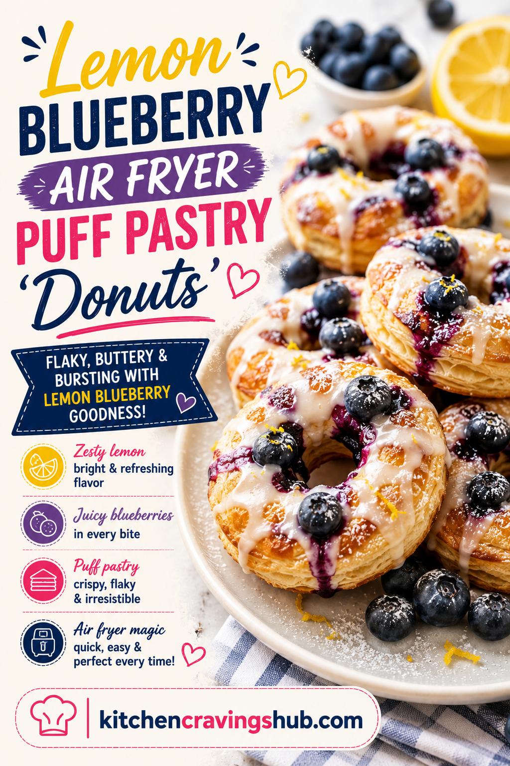 Lemon Blueberry Air Fryer Puff Pastry “Donuts”